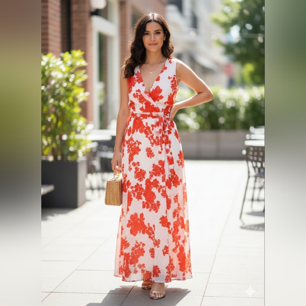 Elegant Floral Maxi Dress in Red and White